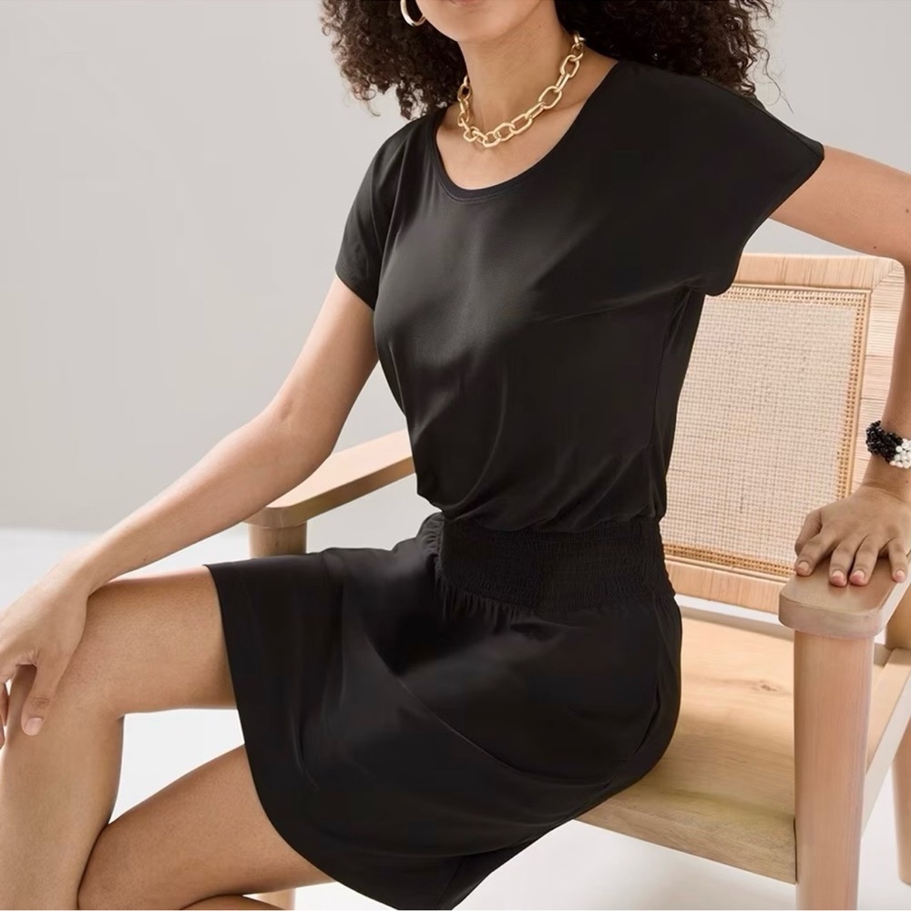 WHBM S/S Jersey Mint Smock Waist Black Dress M Medium $98 KL EUC